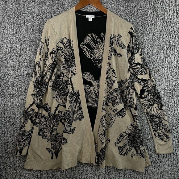 J. Jill Cardigan Sweater Open Front Tan Black Floral Print Womens XS 100% Cotton - Picture 1 of 10